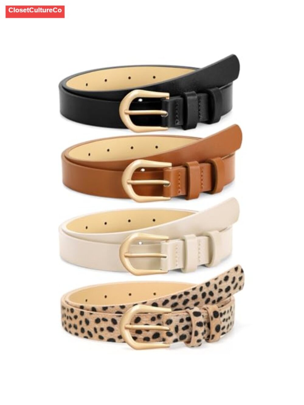 4 Pack Womens Skinny Faux Leather Belts with Gold Buckle
